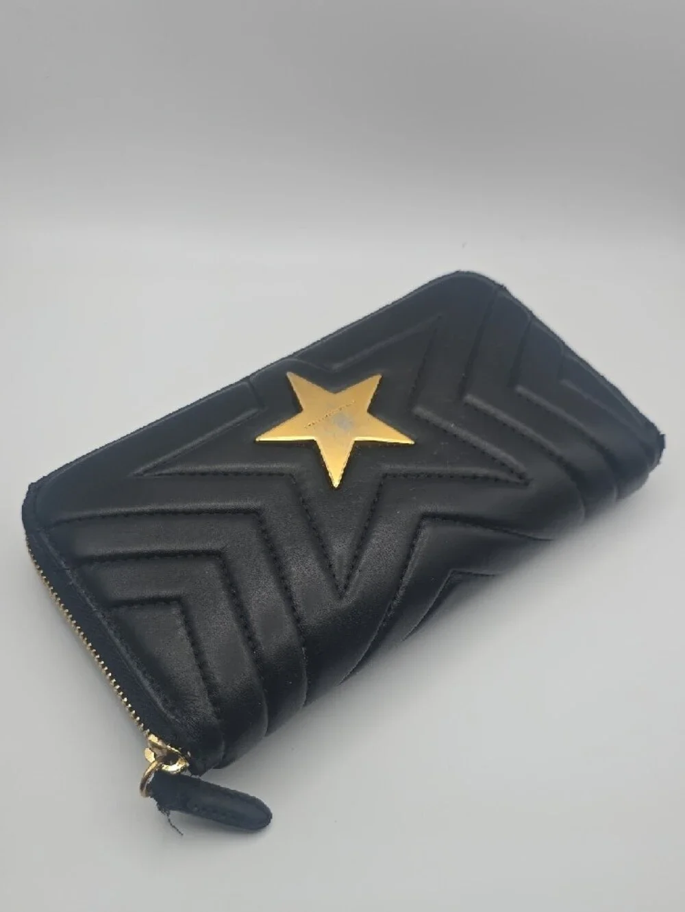Stella McCartney Black Quilted Zip-Around Wallet with Gold Star
